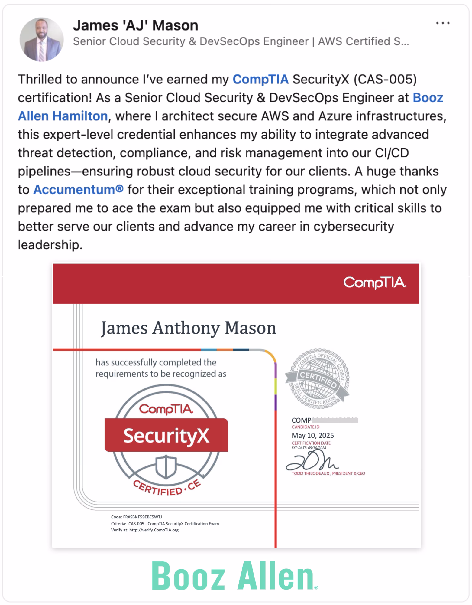 Client Success Story with Accumentum CompTIA SecurityX Certification Training Course